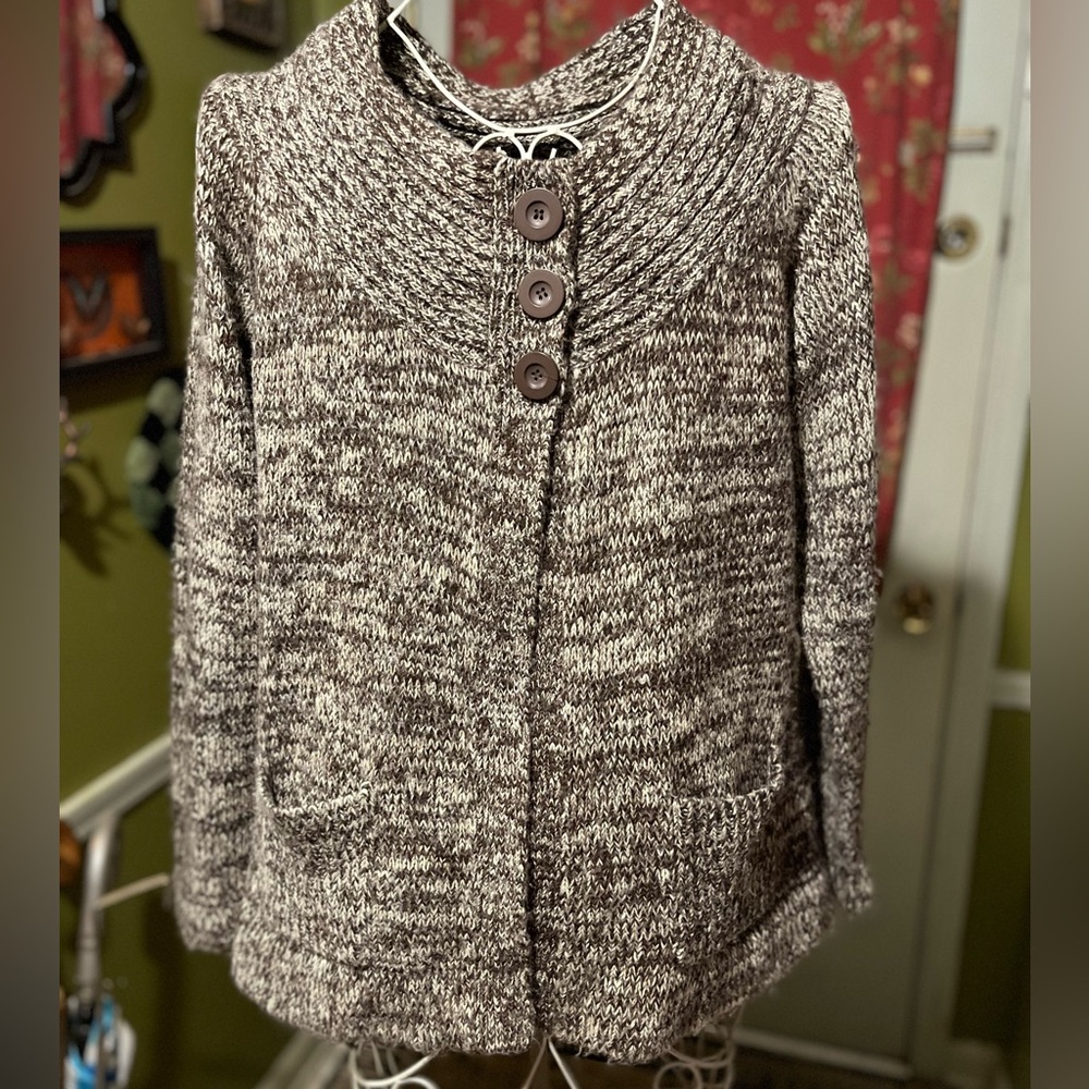 Carol Rose Marled Brown Ivory Space Dyed Cardigan Pockets XL